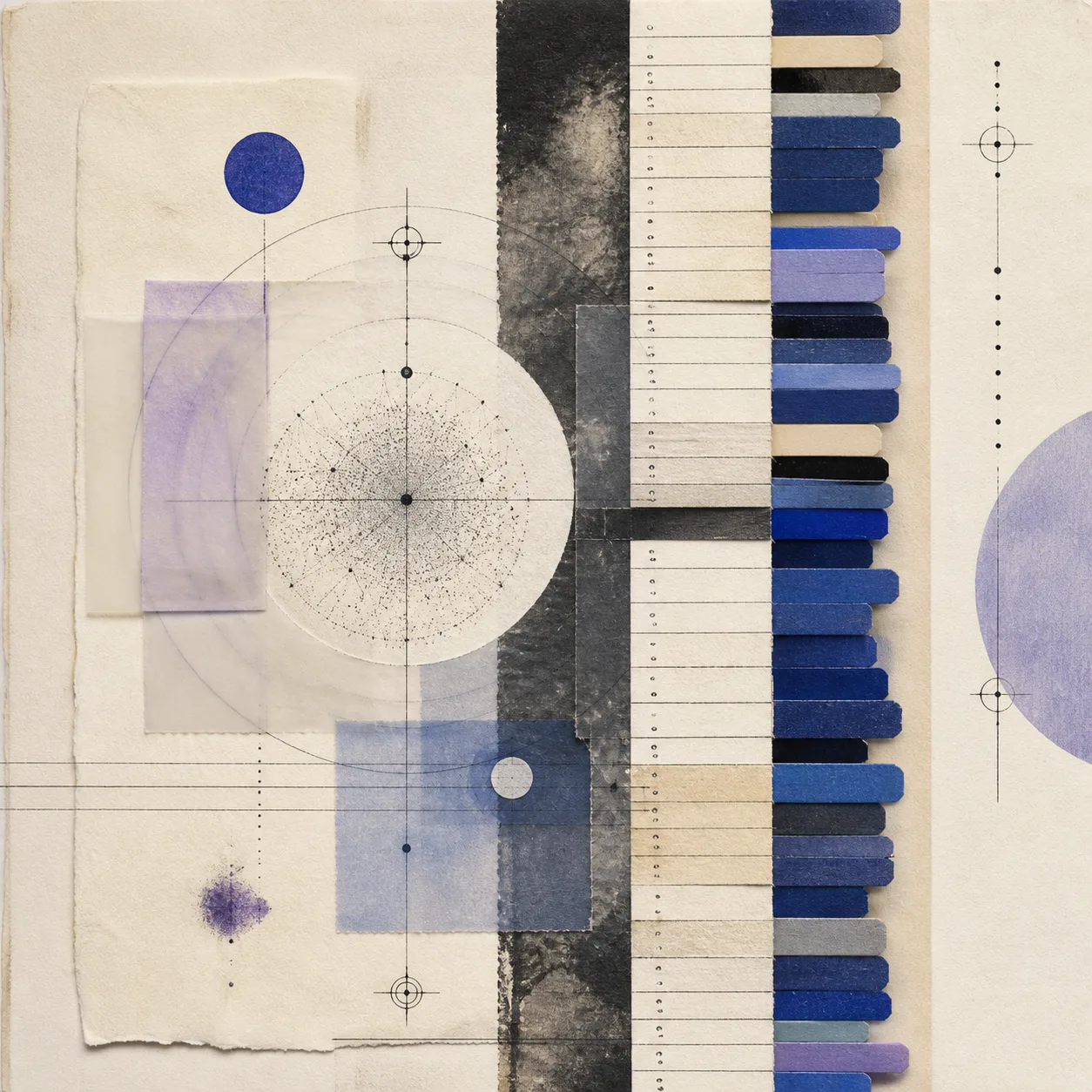 Abstract artwork for the drug allergy reference library — square field-note in cobalt, charcoal and warm white