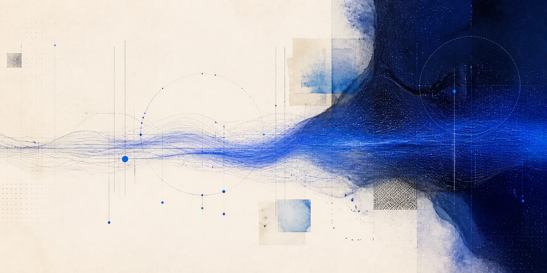 Abstract field-note artwork for the portfolio — a cobalt and charcoal composition on warm white