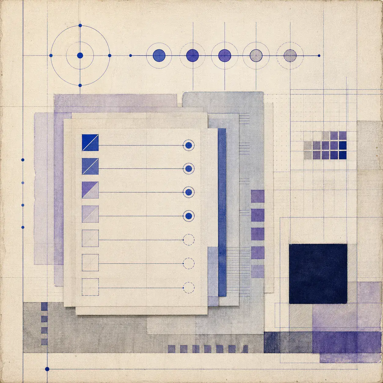 Abstract artwork for the allergy procedure documentation tool — square field-note in cobalt, charcoal and warm white