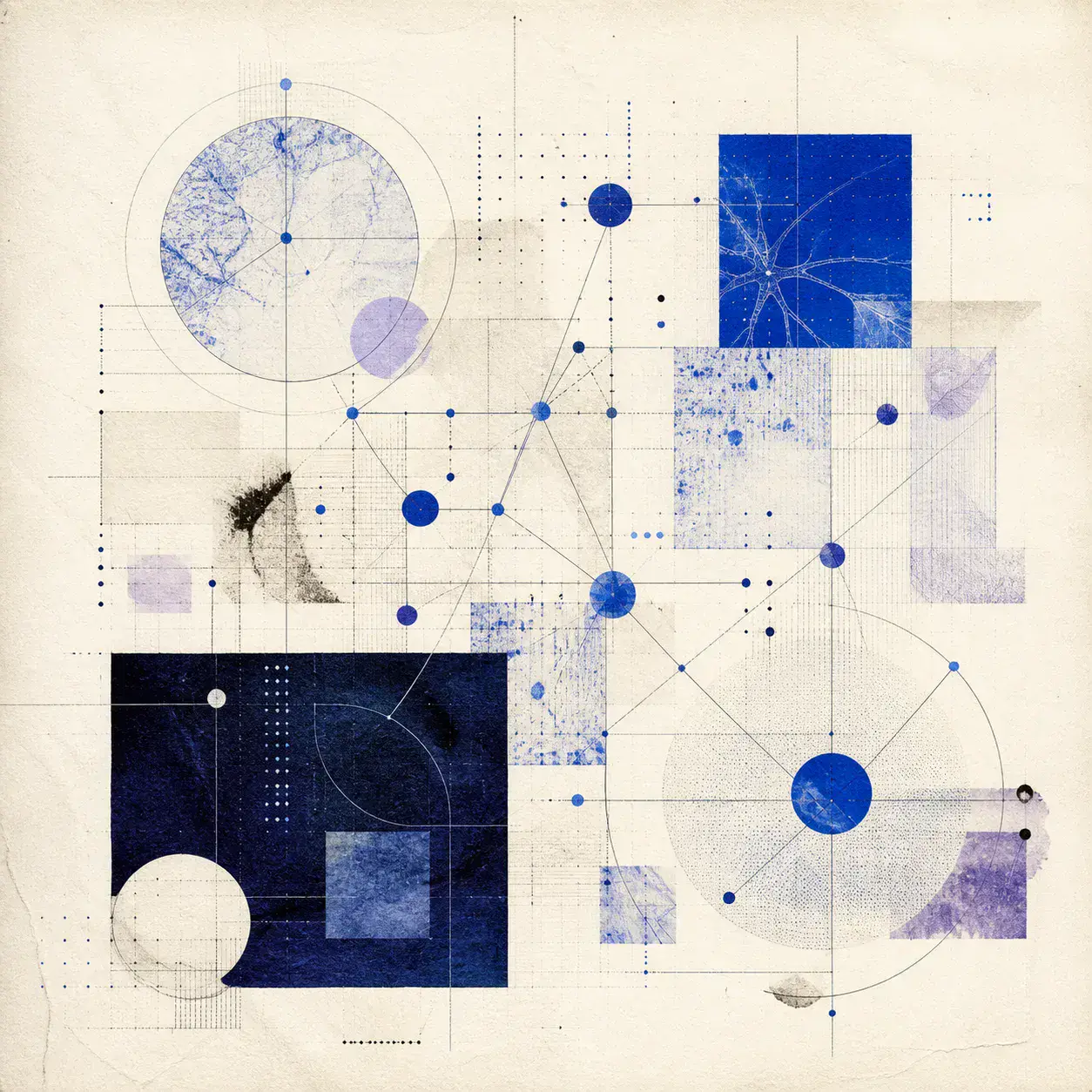 Abstract artwork for the anaesthetic allergy testing platform — square field-note in cobalt, charcoal and warm white