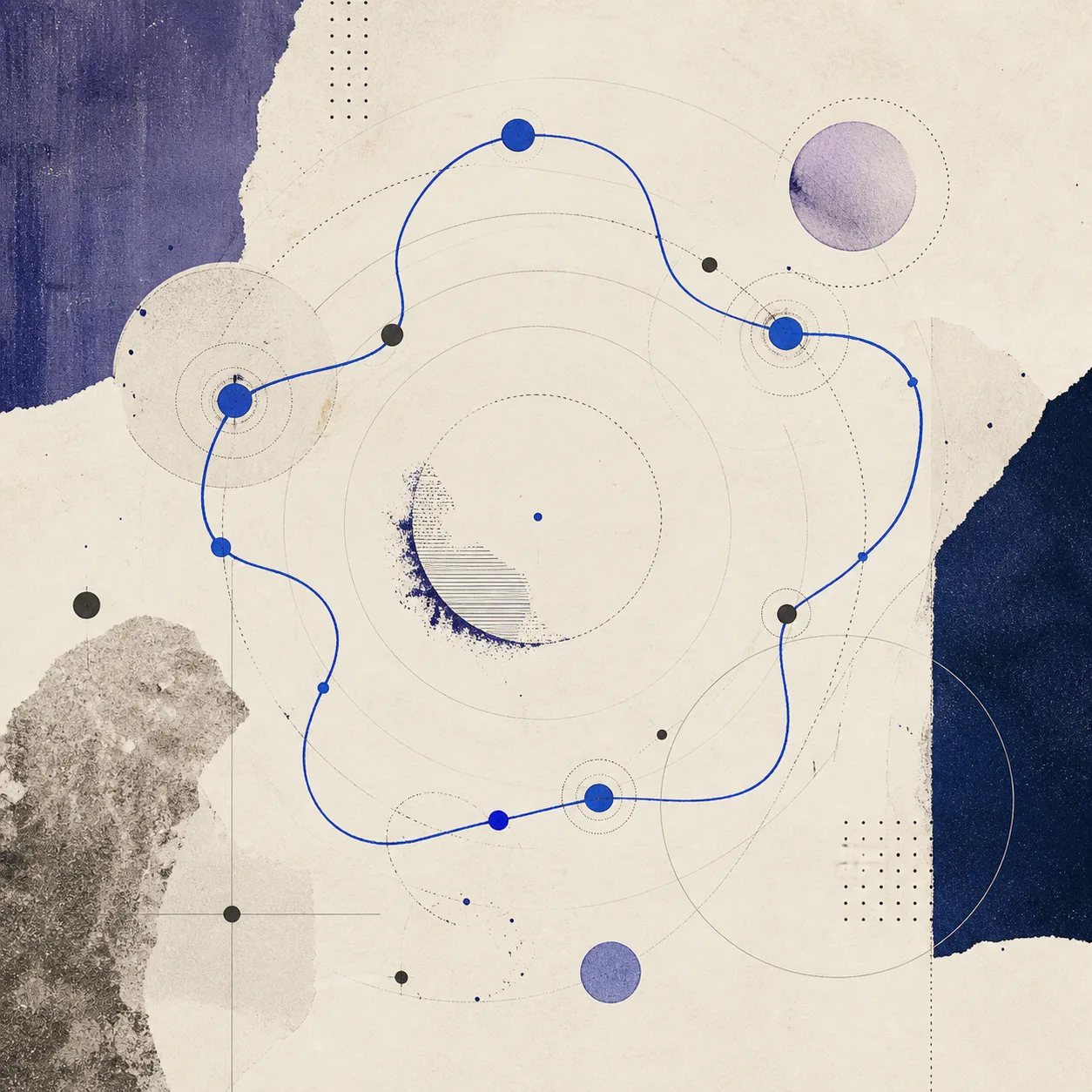 Abstract artwork for the SCIg patient progressive web app — square field-note in cobalt, charcoal and warm white
