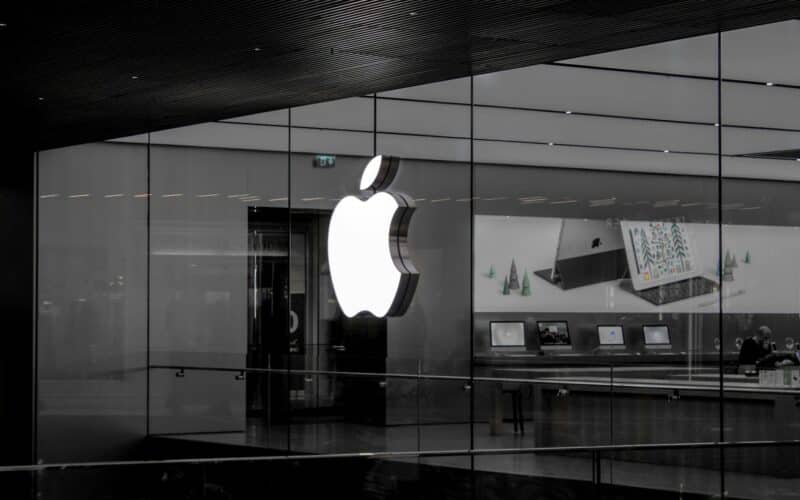 grayscale photo of Apple emblem